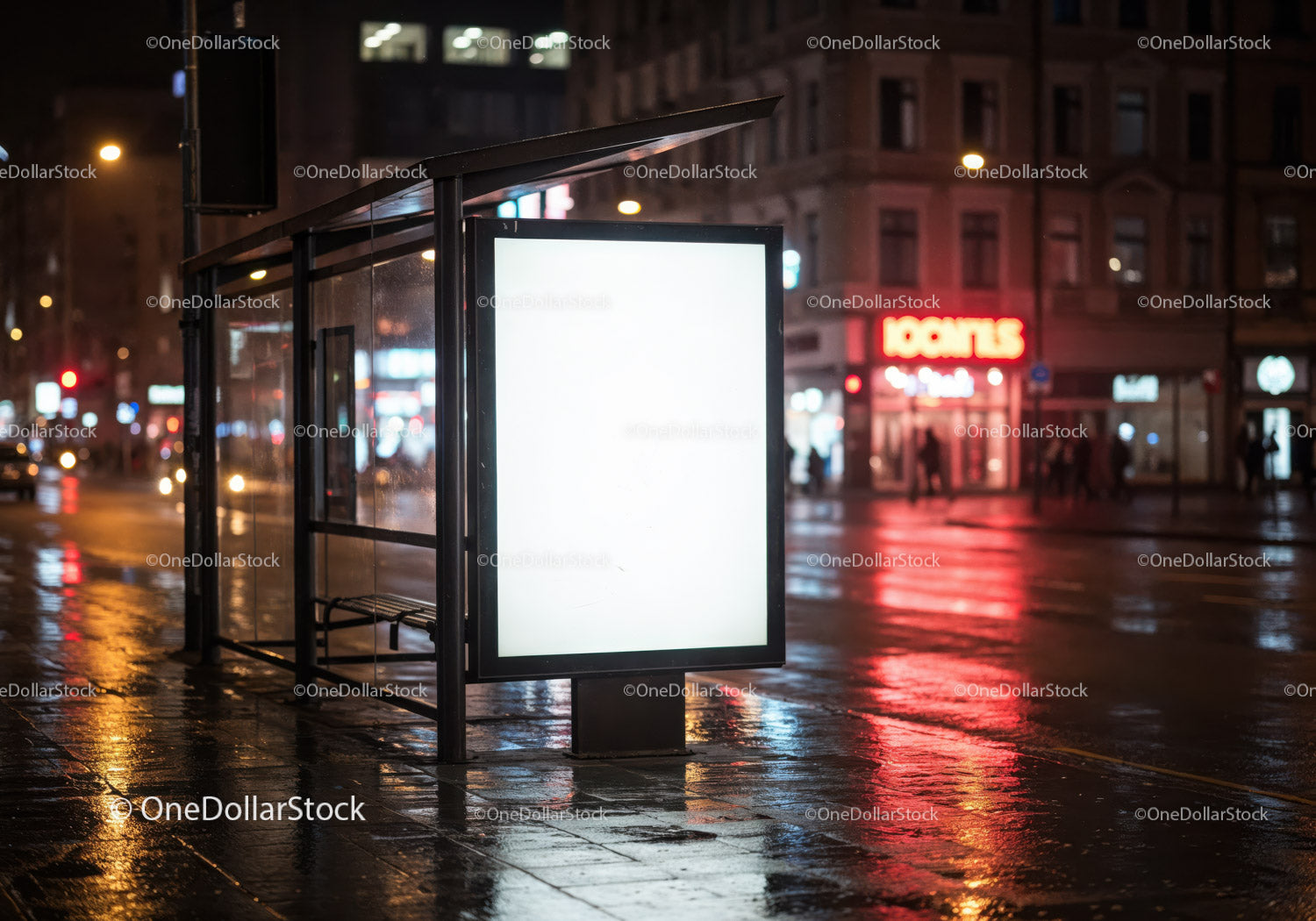 Empty Bus Shelter with Bright Advertising Display in Urban Night Scene