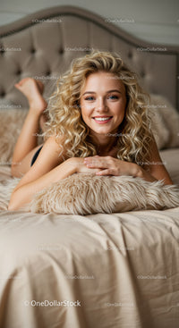 Smiling young woman relaxing on bed with soft pillow