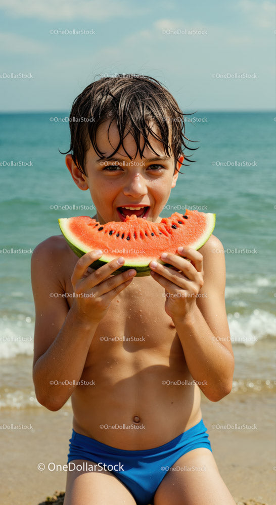 Boy Eating Watermelon on Summer Beach Scene