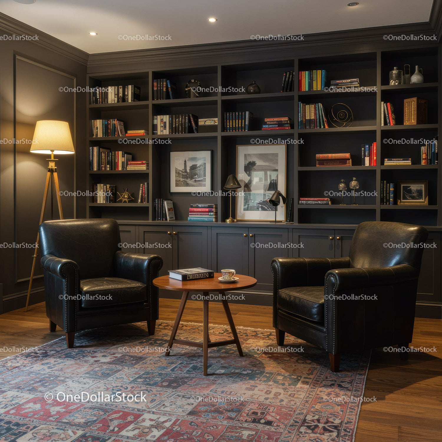 Cozy reading corner with leather chairs and bookshelf