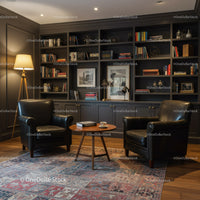Cozy reading corner with leather chairs and bookshelf
