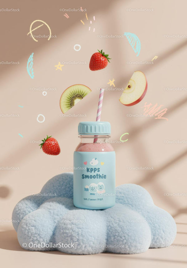 Playful smoothie bottle with fresh fruit and pastel decor