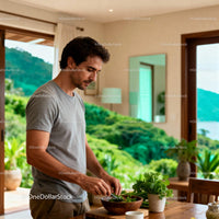 Man preparing fresh salad in bright sunny kitchen