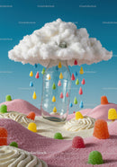 Colorful candy raindrops under fluffy cotton cloud