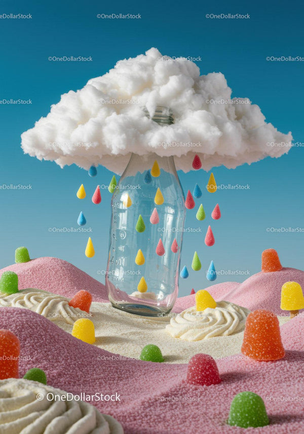 Colorful candy raindrops under fluffy cotton cloud