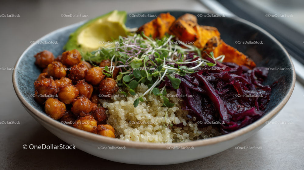 Colorful Vegetarian Buddha Bowl with Quinoa Chickpeas and Roasted Sweet Potatoes