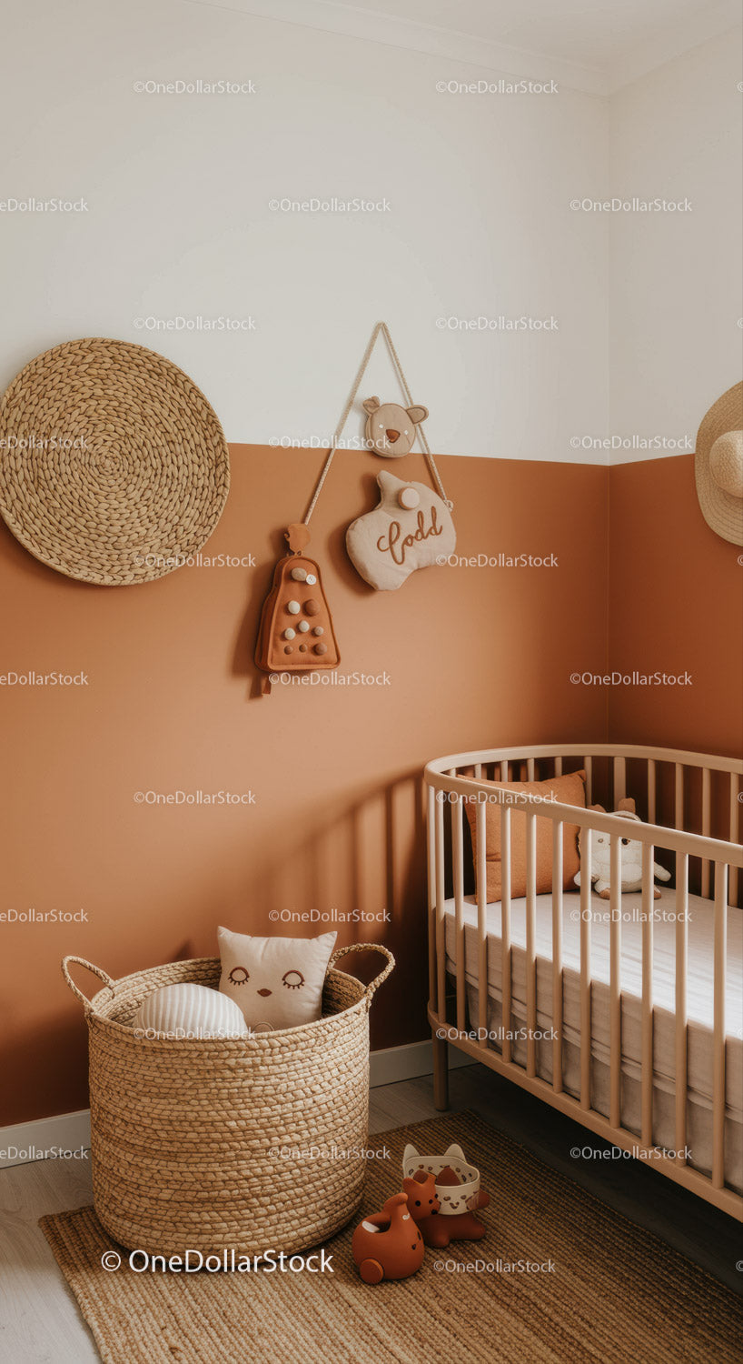 Child's Nursery with Woven Basket Teddy Plush Wall Hanging and Crib