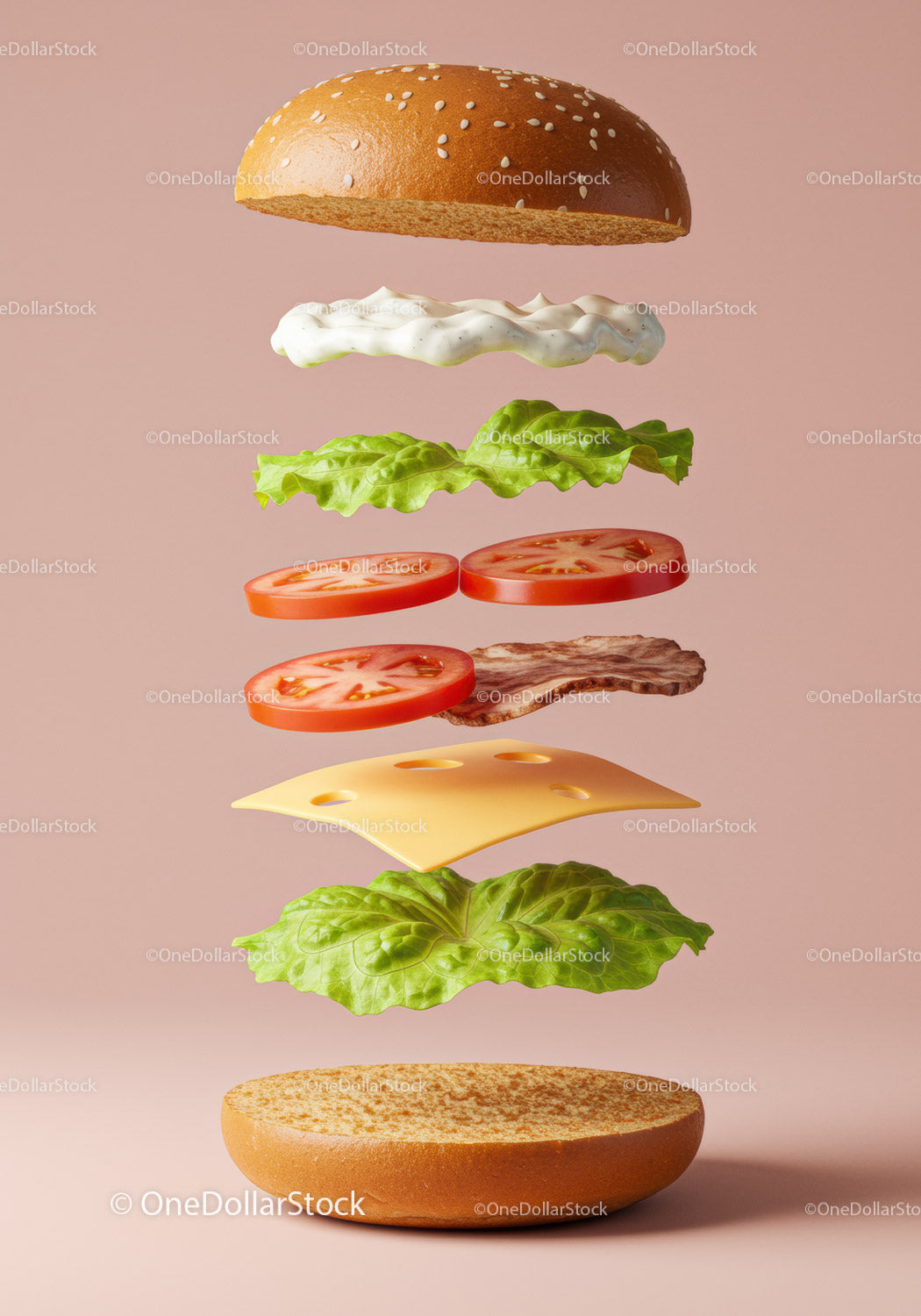 Deconstructed cheeseburger ingredients floating on pink background