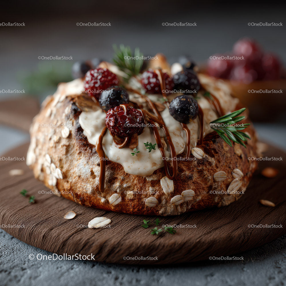 Berry Tart with Whipped Cream and Chocolate Drizzle on Rustic Bread