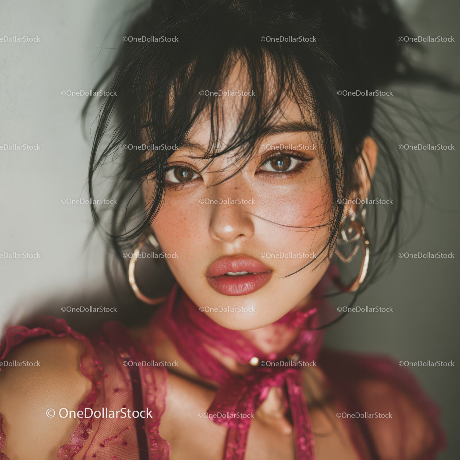 Close-Up of a Woman with Dark Hair and Golden Jewelry in Glamorous Style