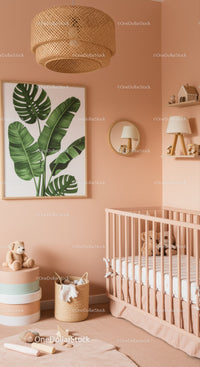Stylish and Cozy Baby Nursery with Tropical Leaf Artwork and Soft Decor
