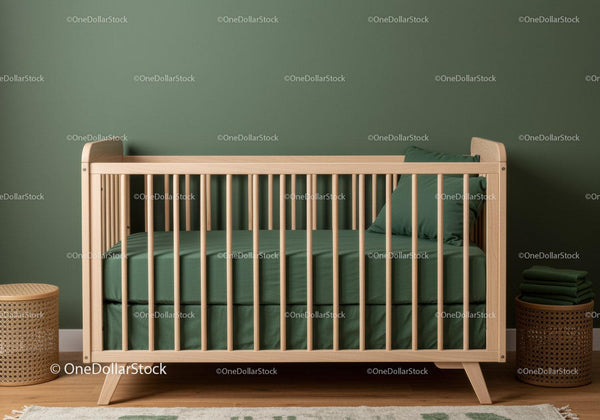 Stylish Wooden Baby Crib with Green Bedding in Modern Nursery