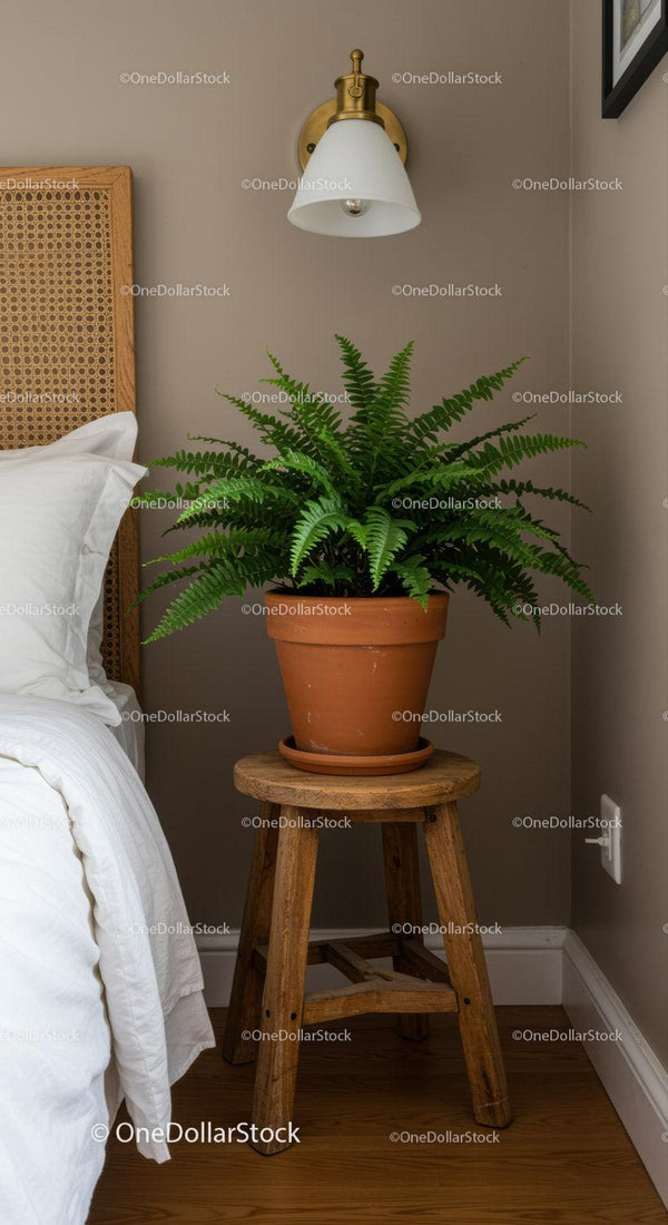 Green Fern in Terracotta Pot on Wooden Stool in Cozy Home Interior