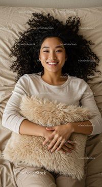 Smiling woman lying down with curly hair and soft pillow