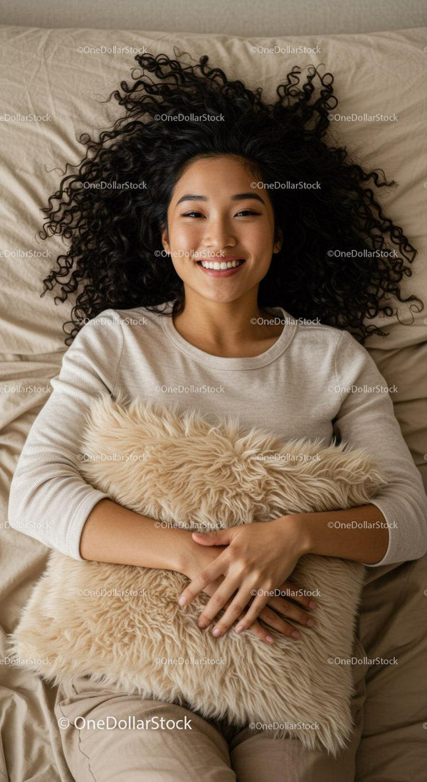 Smiling woman lying down with curly hair and soft pillow