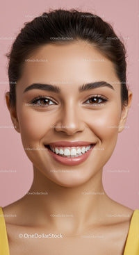 Close up portrait of cheerful young woman smiling