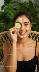 Young Woman with Facial Mask and Cucumber Eye Compress for Relaxing Skincare