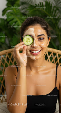 Young Woman with Facial Mask and Cucumber Eye Compress for Relaxing Skincare