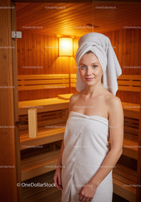 Young Woman Relaxing in Sauna Wrapped in Towel at Wellness Center