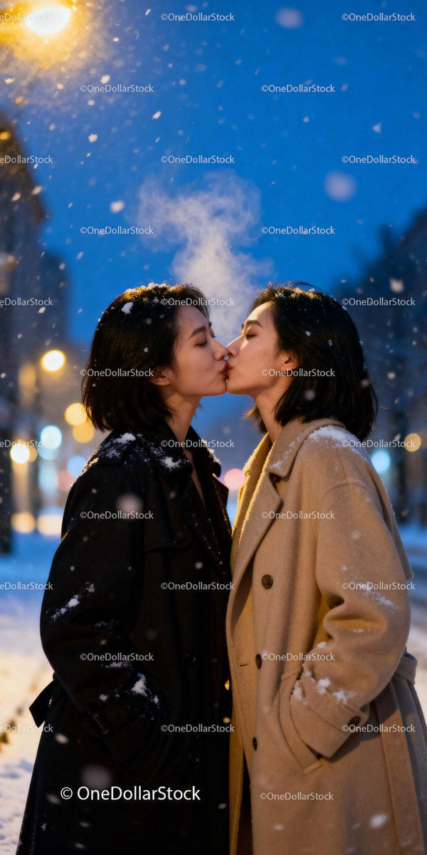 Couple sharing a tender kiss on a snowy evening