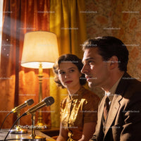 Vintage couple hosting podcast in warm retro setting