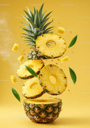 Fresh Pineapple Slices Floating on Yellow Background