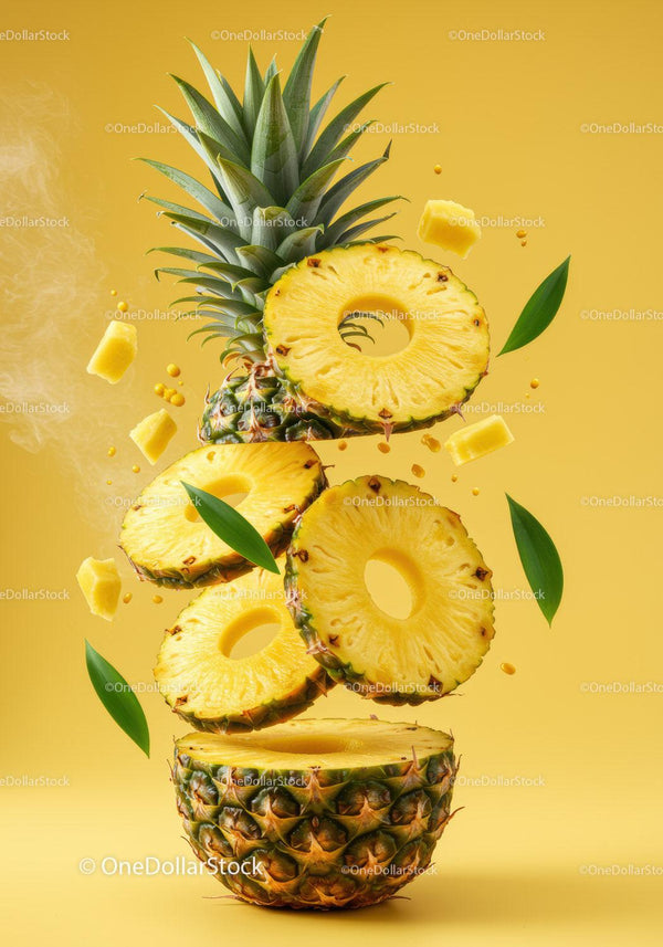 Fresh Pineapple Slices Floating on Yellow Background