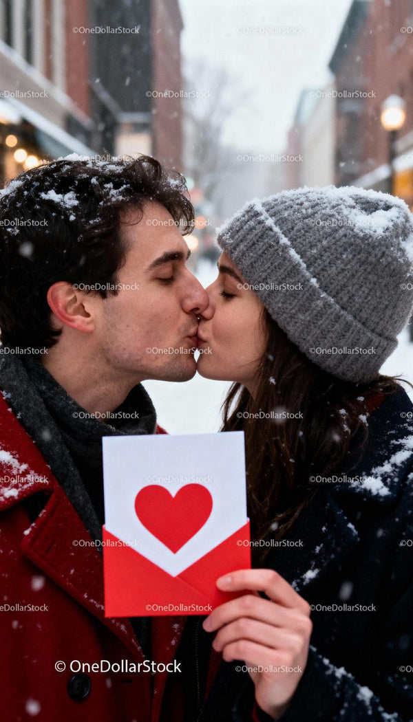 Young couple sharing a kiss with love card in winter snow