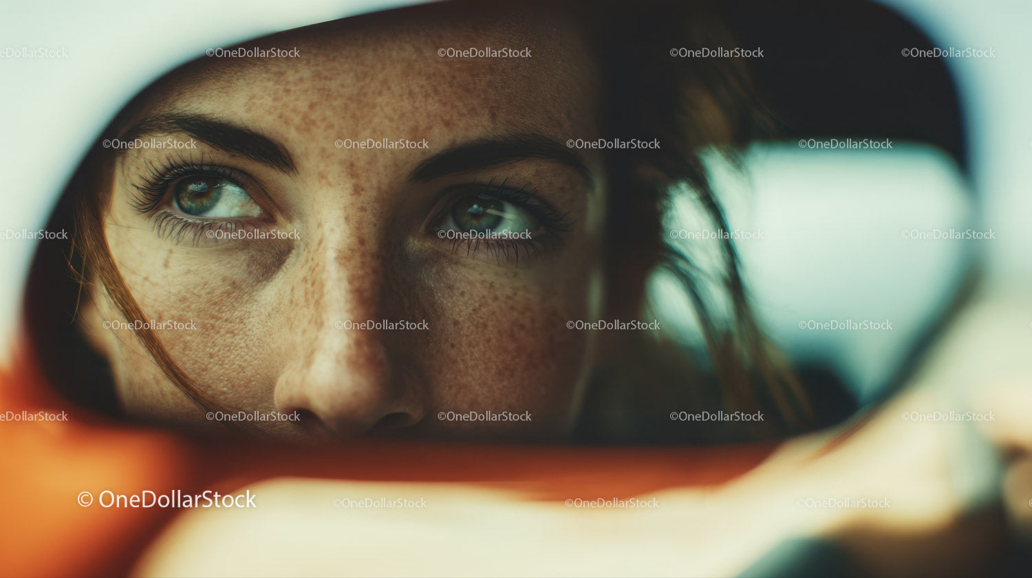 Close-up of Woman with Freckled Face and Green Eyes