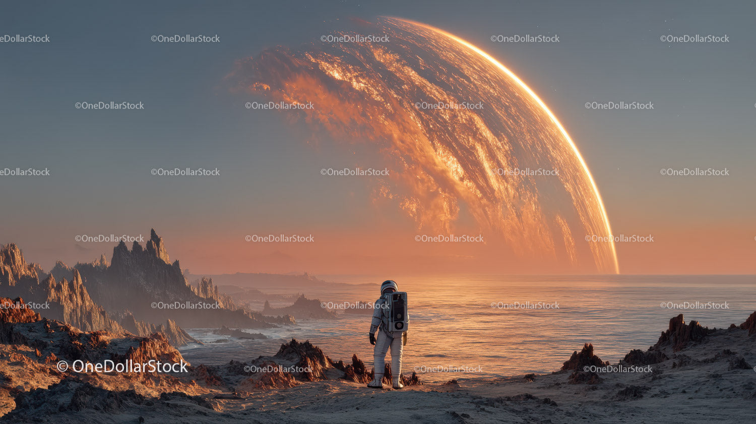 Astronaut Exploring a Surreal Alien Landscape with a Giant Orange Planet