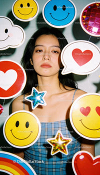 Thoughtful woman surrounded by colorful cheerful icons