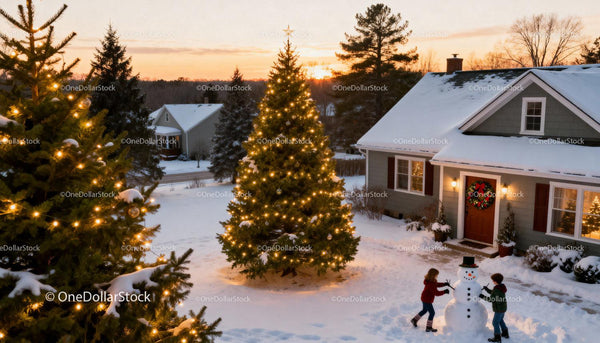 Children Building Snowman Near Lit Christmas Tree at Sunset