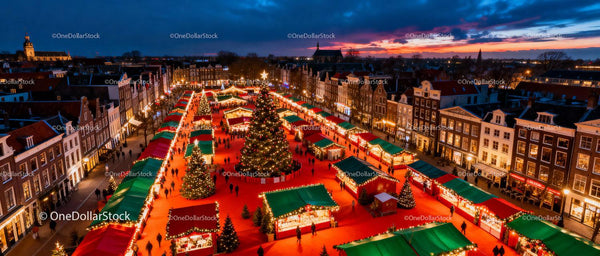 Festive Christmas Market with Twinkling Lights at Dusk