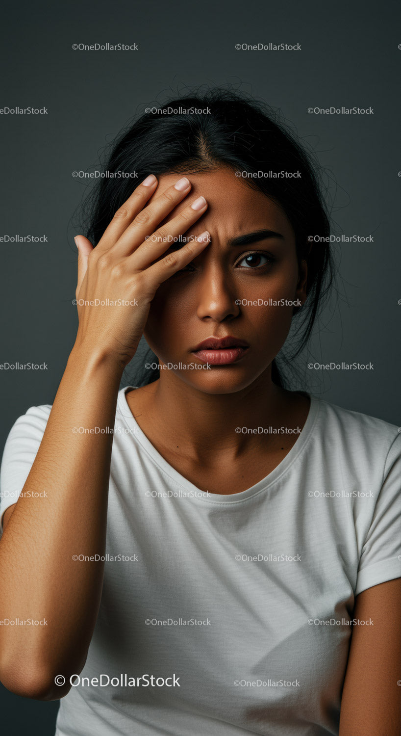 Expressive Woman Portrait with Serious Facial Expression in Studio