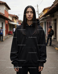 Fashionable Woman Wearing Black Hoodie in Urban City Street