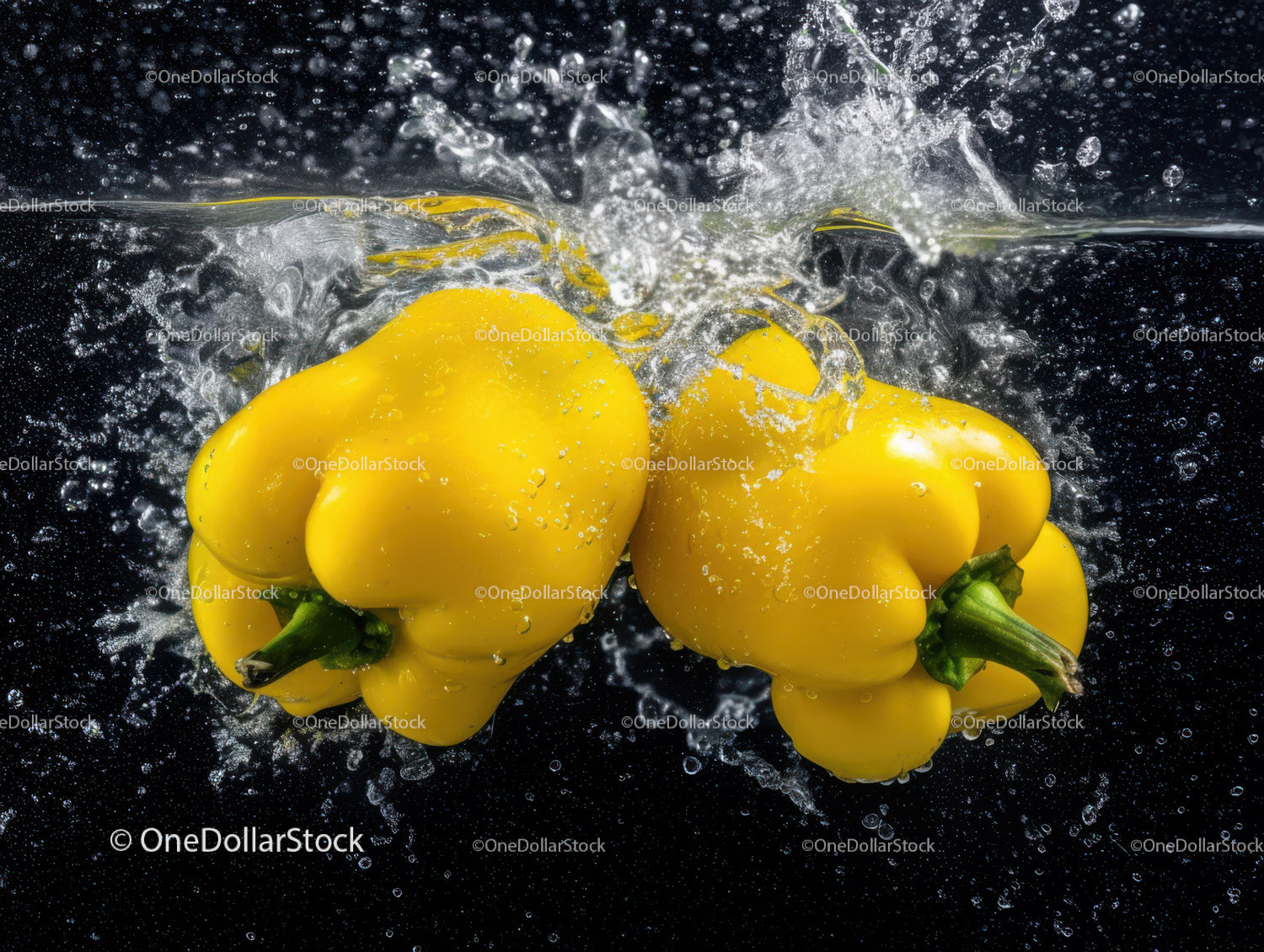 Yellow Bell Peppers Floating in Water with Splash Effect