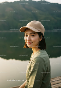 Young Woman in Green Dress Wearing Beige Cap Near Lake Landscape