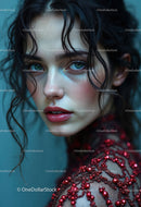 Glamorous Woman with Curly Hair and Blue Eyes Wearing Red Embellished Dress
