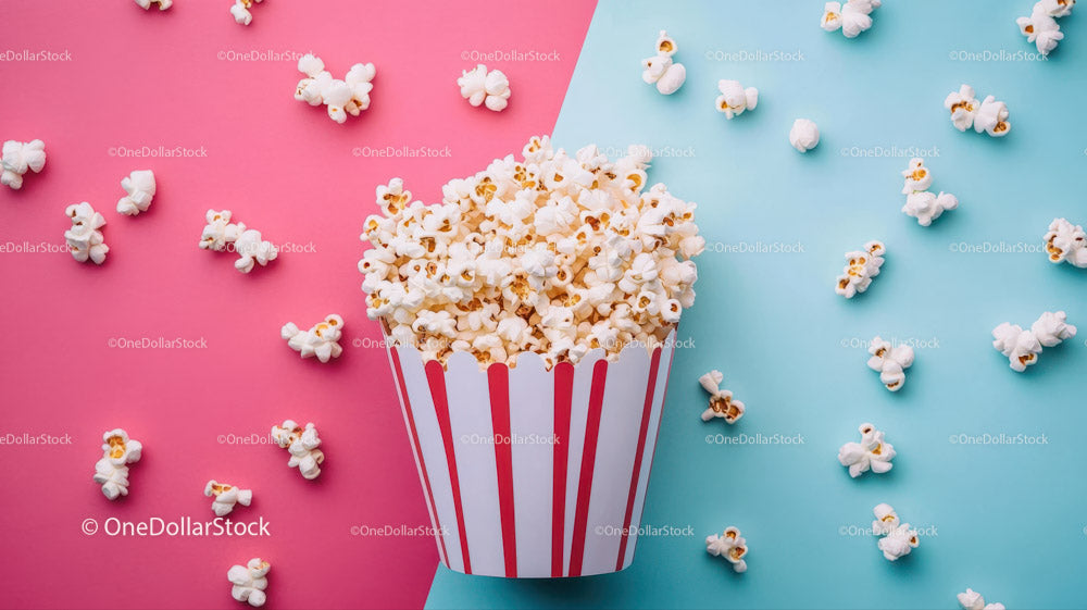 Popcorn in a Red and White Striped Container on Colorful Background