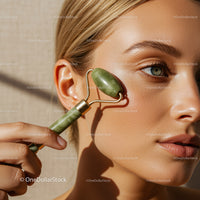 Close-up of Woman Using Jade Roller for Skin Rejuvenation and Relaxation