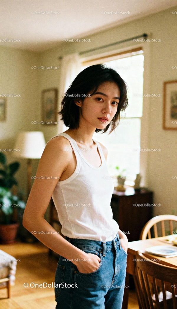 Young woman posing casually in bright living room