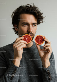 Man Holding Blood Orange Slices in Casual Studio Setting