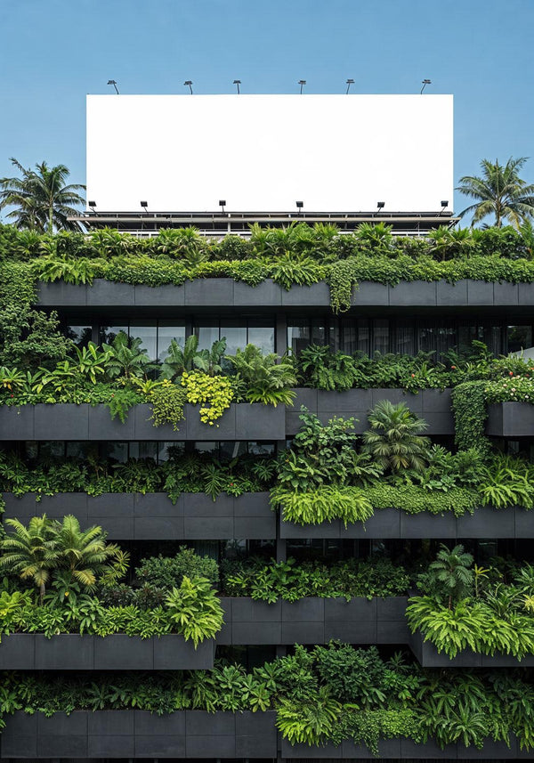 Modern building with lush vertical garden and blank billboard Editable PSD Mockup