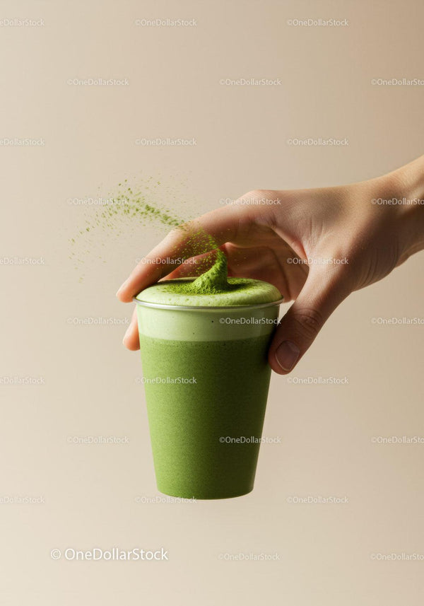 Hand Sprinkling Matcha Powder over Frothy Tea Drink