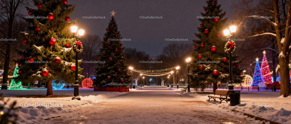 Snowy park pathway adorned with festive Christmas lights