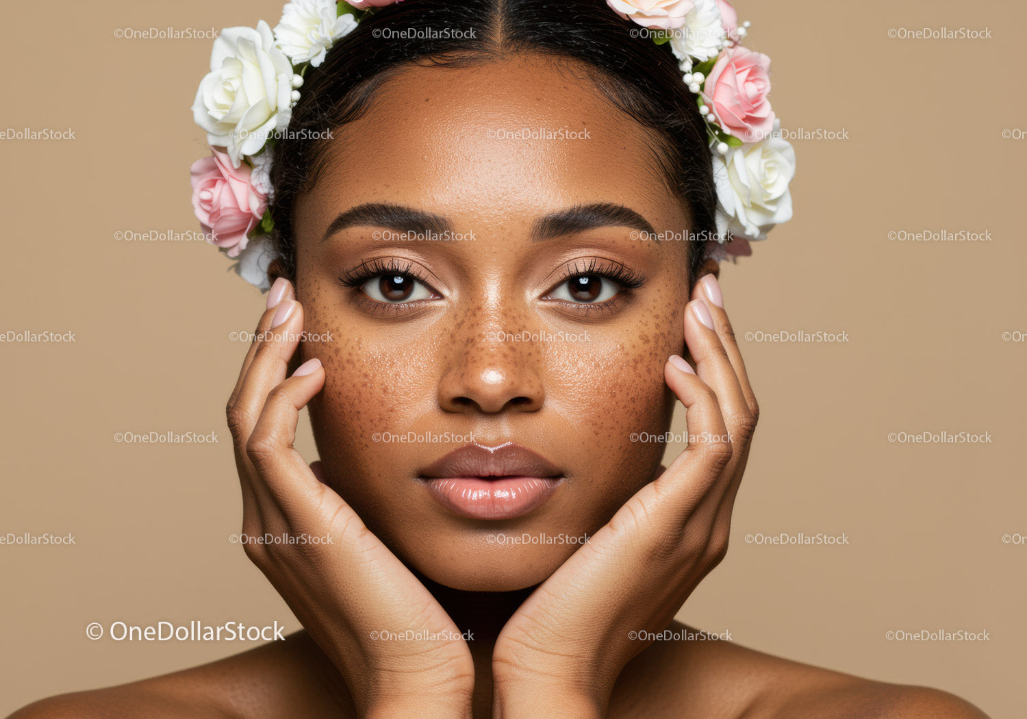 Beautiful Woman with Freckles Wearing Floral Crown in Studio Shot