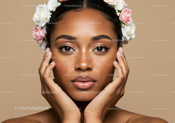 Beautiful Woman with Freckles Wearing Floral Crown in Studio Shot