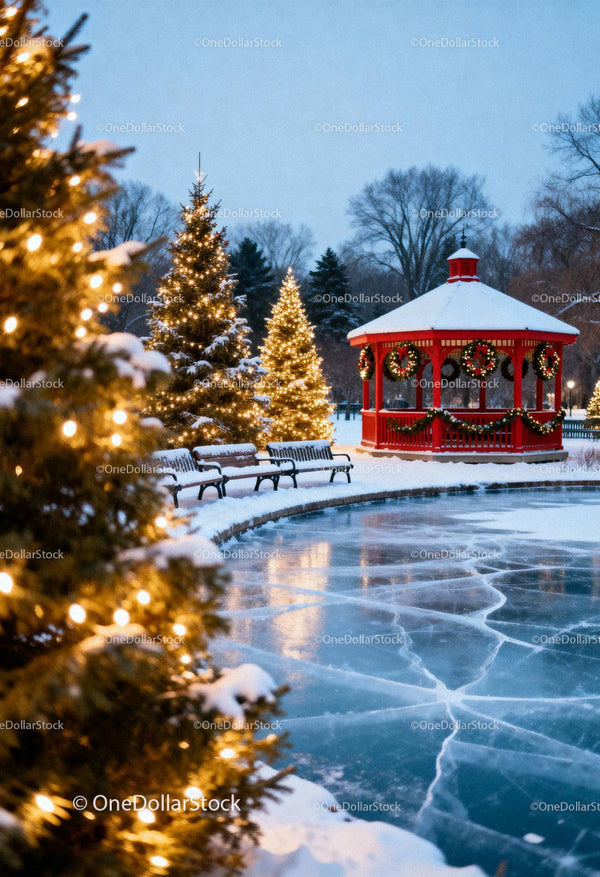 Winter park with festive lit Christmas trees and gazebo