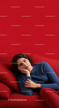 Young Woman Relaxing on Red Sofa in Casual Outfit in Modern Interior