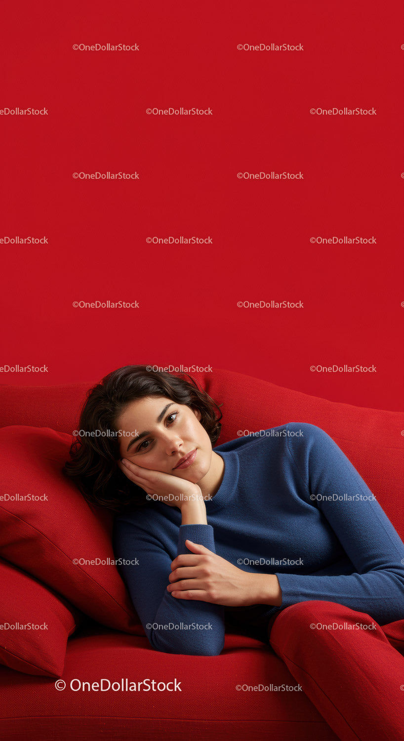 Young Woman Relaxing on Red Sofa in Casual Outfit in Modern Interior